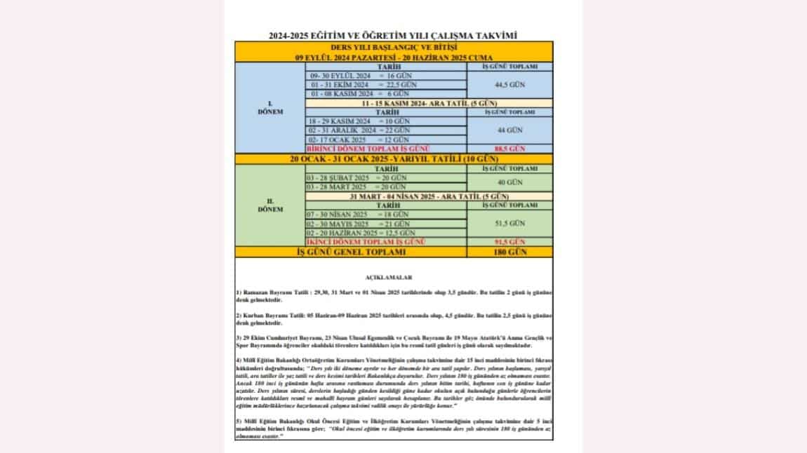 2024-2025 EĞİTİM VE ÖĞRETİM YILI ÇALIŞMA TAKVİMİ